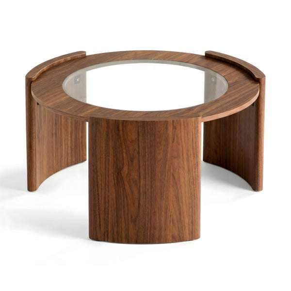 English Elm Mid-century Round Walnut Coffee Table with Tempered Glass Top and Sculptural Curved Legs W3456P498909