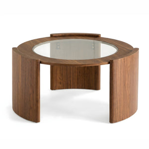 English Elm Mid-century Round Walnut Coffee Table with Tempered Glass Top and Sculptural Curved Legs W3456P498909