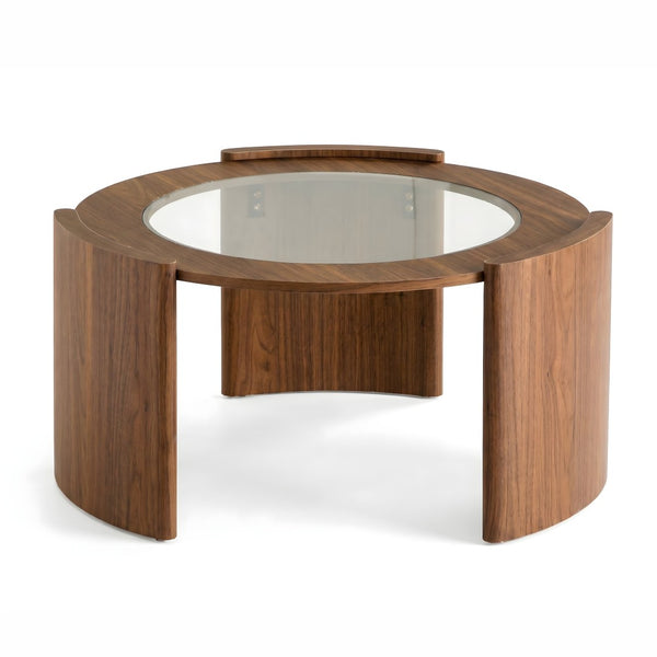 English Elm Mid-century Round Walnut Coffee Table with Tempered Glass Top and Sculptural Curved Legs W3456P498909
