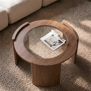 English Elm Mid-century Round Walnut Coffee Table with Tempered Glass Top and Sculptural Curved Legs W3456P498909