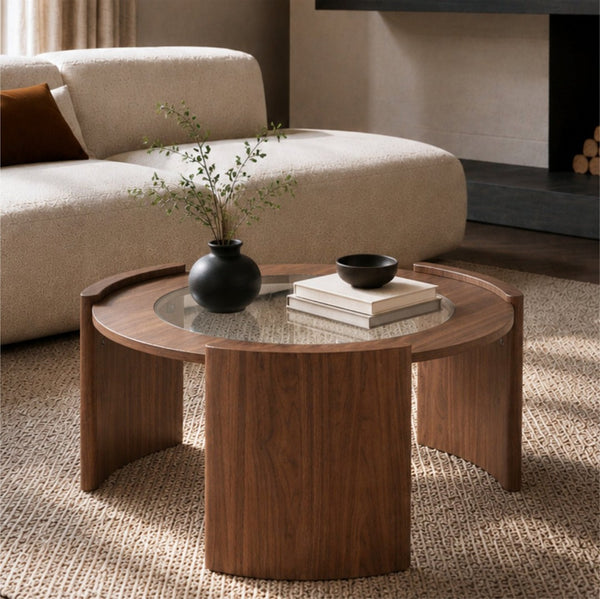 English Elm Mid-century Round Walnut Coffee Table with Tempered Glass Top and Sculptural Curved Legs W3456P498909