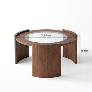 English Elm Mid-century Round Walnut Coffee Table with Tempered Glass Top and Sculptural Curved Legs W3456P498909