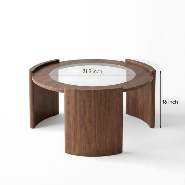 English Elm Mid-century Round Walnut Coffee Table with Tempered Glass Top and Sculptural Curved Legs W3456P498909