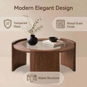 English Elm Mid-century Round Walnut Coffee Table with Tempered Glass Top and Sculptural Curved Legs W3456P498909