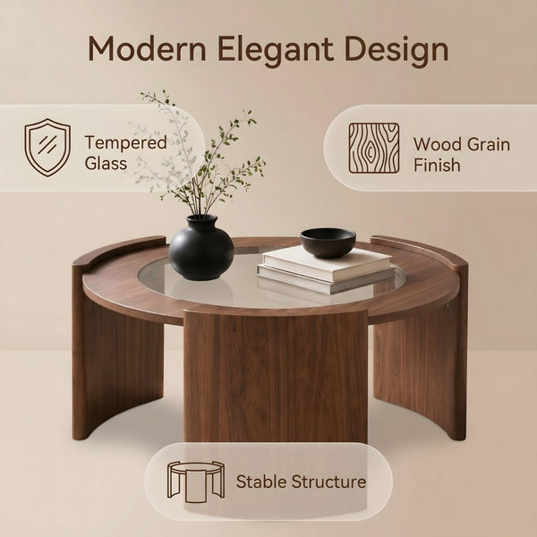 English Elm Mid-century Round Walnut Coffee Table with Tempered Glass Top and Sculptural Curved Legs W3456P498909
