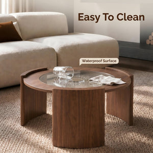 English Elm Mid-century Round Walnut Coffee Table with Tempered Glass Top and Sculptural Curved Legs W3456P498909