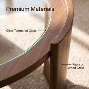 English Elm Mid-century Round Walnut Coffee Table with Tempered Glass Top and Sculptural Curved Legs W3456P498909