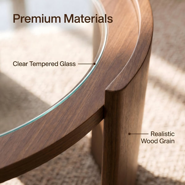 English Elm Mid-century Round Walnut Coffee Table with Tempered Glass Top and Sculptural Curved Legs W3456P498909