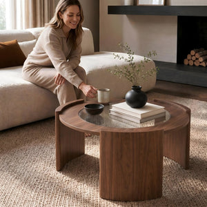 English Elm Mid-century Round Walnut Coffee Table with Tempered Glass Top and Sculptural Curved Legs W3456P498909