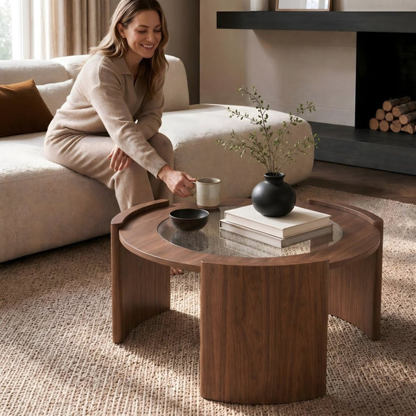 English Elm Mid-century Round Walnut Coffee Table with Tempered Glass Top and Sculptural Curved Legs W3456P498909