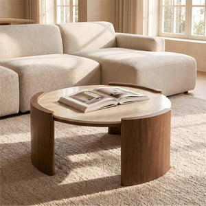 English Elm Modern Sintered Stone Round Cocktail Table Glossy Travertine Top Arc Slab Legs Living Room Walnut/Yellow W3456P498912
