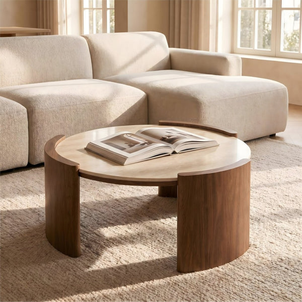 English Elm Modern Sintered Stone Round Cocktail Table Glossy Travertine Top Arc Slab Legs Living Room Walnut/Yellow W3456P498912