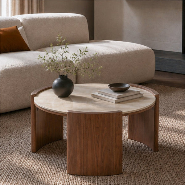 English Elm Modern Sintered Stone Round Cocktail Table Glossy Travertine Top Arc Slab Legs Living Room Walnut/Yellow W3456P498912