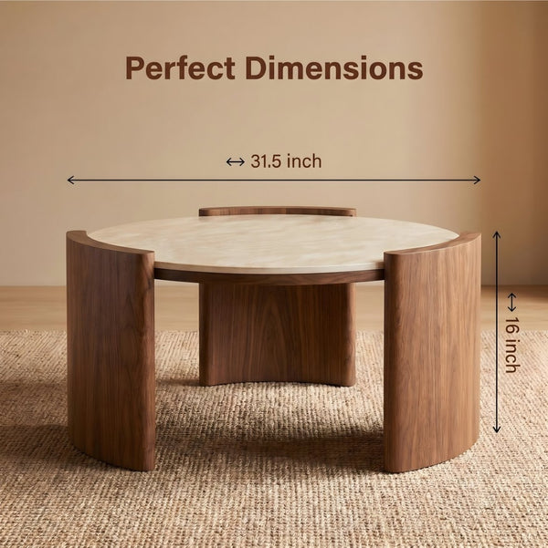 English Elm Modern Sintered Stone Round Cocktail Table Glossy Travertine Top Arc Slab Legs Living Room Walnut/Yellow W3456P498912