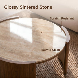 English Elm Modern Sintered Stone Round Cocktail Table Glossy Travertine Top Arc Slab Legs Living Room Walnut/Yellow W3456P498912