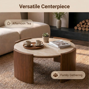 English Elm Modern Sintered Stone Round Cocktail Table Glossy Travertine Top Arc Slab Legs Living Room Walnut/Yellow W3456P498912