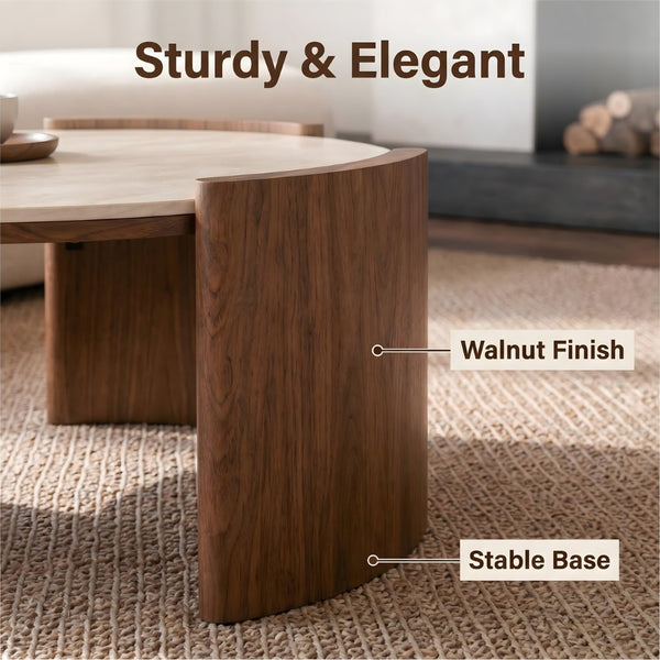 English Elm Modern Sintered Stone Round Cocktail Table Glossy Travertine Top Arc Slab Legs Living Room Walnut/Yellow W3456P498912