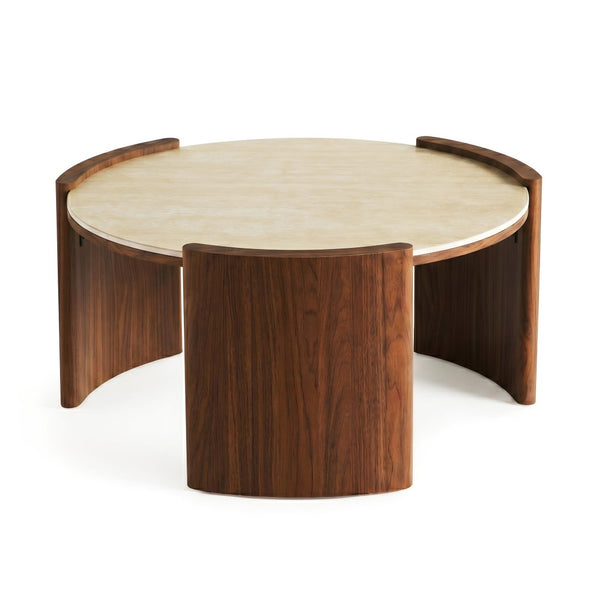 English Elm Modern Sintered Stone Round Cocktail Table Glossy Travertine Top Arc Slab Legs Living Room Walnut/Yellow W3456P498912