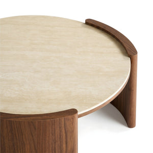 English Elm Modern Sintered Stone Round Cocktail Table Glossy Travertine Top Arc Slab Legs Living Room Walnut/Yellow W3456P498912