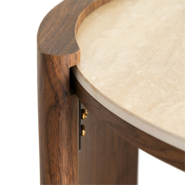 English Elm Modern Sintered Stone Round Cocktail Table Glossy Travertine Top Arc Slab Legs Living Room Walnut/Yellow W3456P498912