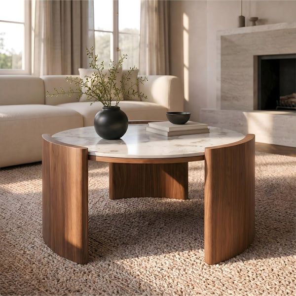 English Elm Modern Sintered Stone Round Cocktail Table Glossy Travertine Top Arc Slab Legs Living Room W3456P498913