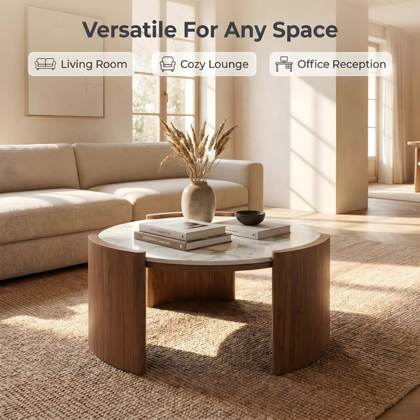 English Elm Modern Sintered Stone Round Cocktail Table Glossy Travertine Top Arc Slab Legs Living Room W3456P498913