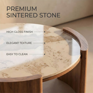English Elm Modern Sintered Stone Round Cocktail Table Glossy Travertine Top Arc Slab Legs Living Room W3456P498913