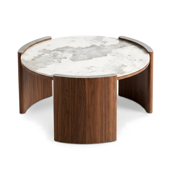 English Elm Modern Sintered Stone Round Cocktail Table Glossy Travertine Top Arc Slab Legs Living Room W3456P498913