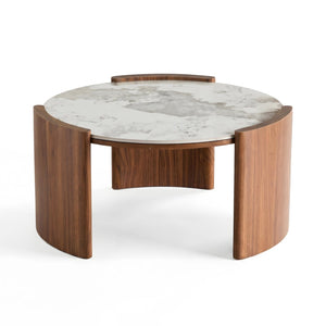 English Elm Modern Sintered Stone Round Cocktail Table Glossy Travertine Top Arc Slab Legs Living Room W3456P498913
