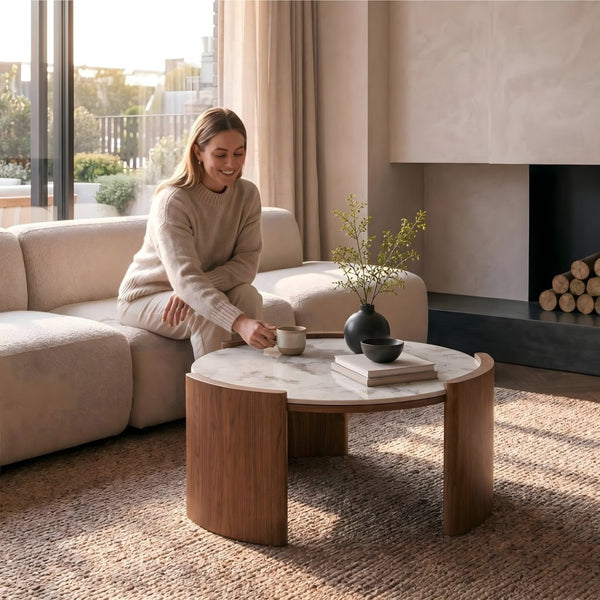 English Elm Modern Sintered Stone Round Cocktail Table Glossy Travertine Top Arc Slab Legs Living Room W3456P498913