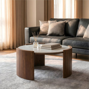 English Elm Modern Sintered Stone Round Cocktail Table Glossy Travertine Top Arc Slab Legs Living Room White W3456P498914
