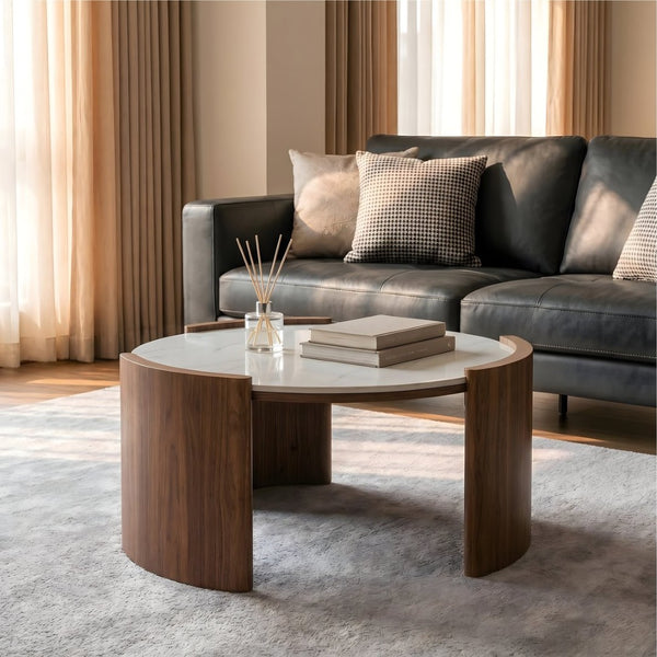 English Elm Modern Sintered Stone Round Cocktail Table Glossy Travertine Top Arc Slab Legs Living Room White W3456P498914