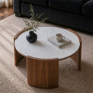 English Elm Modern Sintered Stone Round Cocktail Table Glossy Travertine Top Arc Slab Legs Living Room White W3456P498914