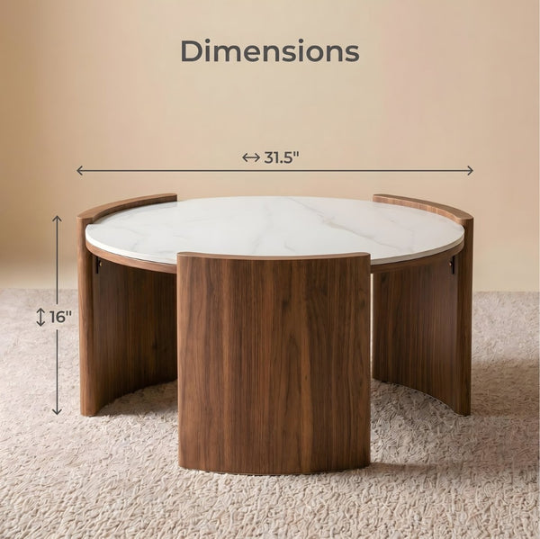 English Elm Modern Sintered Stone Round Cocktail Table Glossy Travertine Top Arc Slab Legs Living Room White W3456P498914