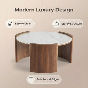 English Elm Modern Sintered Stone Round Cocktail Table Glossy Travertine Top Arc Slab Legs Living Room White W3456P498914