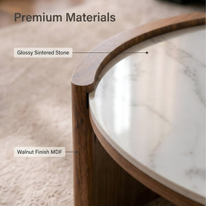 English Elm Modern Sintered Stone Round Cocktail Table Glossy Travertine Top Arc Slab Legs Living Room White W3456P498914