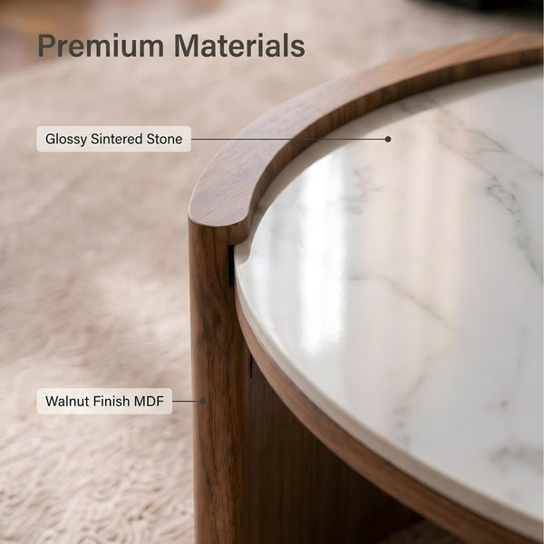 English Elm Modern Sintered Stone Round Cocktail Table Glossy Travertine Top Arc Slab Legs Living Room White W3456P498914