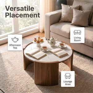 English Elm Modern Sintered Stone Round Cocktail Table Glossy Travertine Top Arc Slab Legs Living Room White W3456P498914