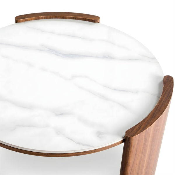 English Elm Modern Sintered Stone Round Cocktail Table Glossy Travertine Top Arc Slab Legs Living Room White W3456P498914