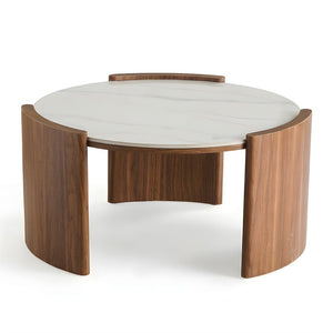 English Elm Modern Sintered Stone Round Cocktail Table Glossy Travertine Top Arc Slab Legs Living Room White W3456P498914