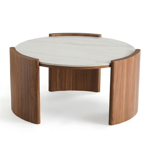 English Elm Modern Sintered Stone Round Cocktail Table Glossy Travertine Top Arc Slab Legs Living Room White W3456P498914