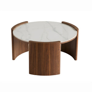 English Elm Modern Sintered Stone Round Cocktail Table Glossy Travertine Top Arc Slab Legs Living Room White W3456P498914