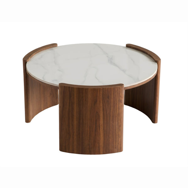English Elm Modern Sintered Stone Round Cocktail Table Glossy Travertine Top Arc Slab Legs Living Room White W3456P498914