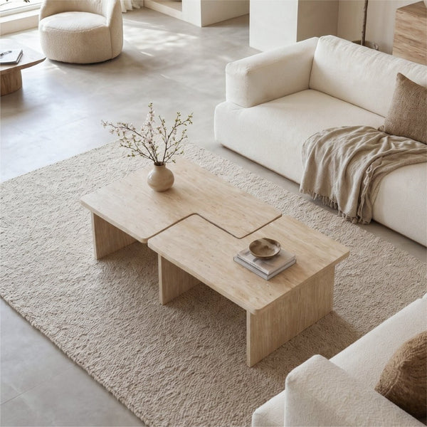 English Elm Modular Faux Concrete Nesting Coffee Table Set Two Piece L Shaped Industrial Loft Beige W3456P498922