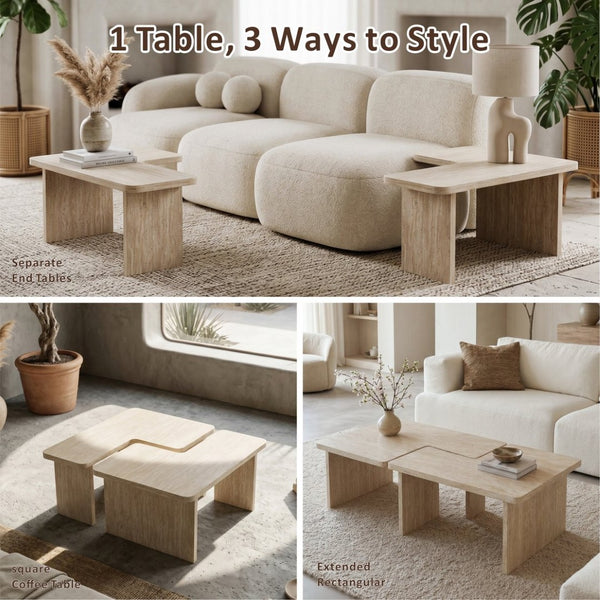 English Elm Modular Faux Concrete Nesting Coffee Table Set Two Piece L Shaped Industrial Loft Beige W3456P498922