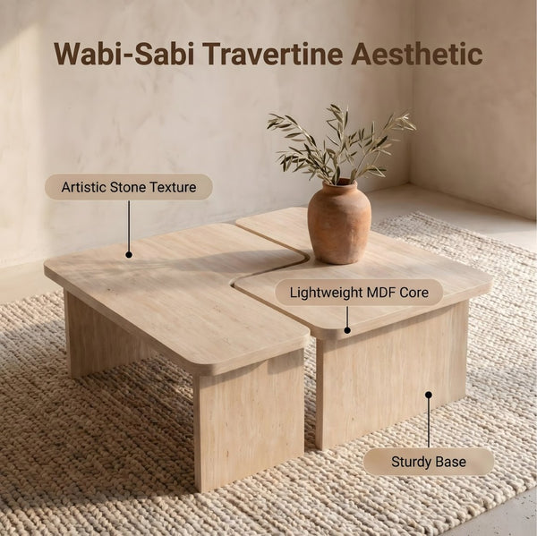 English Elm Modular Faux Concrete Nesting Coffee Table Set Two Piece L Shaped Industrial Loft Beige W3456P498922