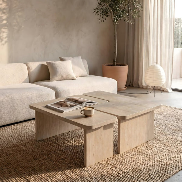 English Elm Modular Faux Concrete Nesting Coffee Table Set Two Piece L Shaped Industrial Loft Beige W3456P498922