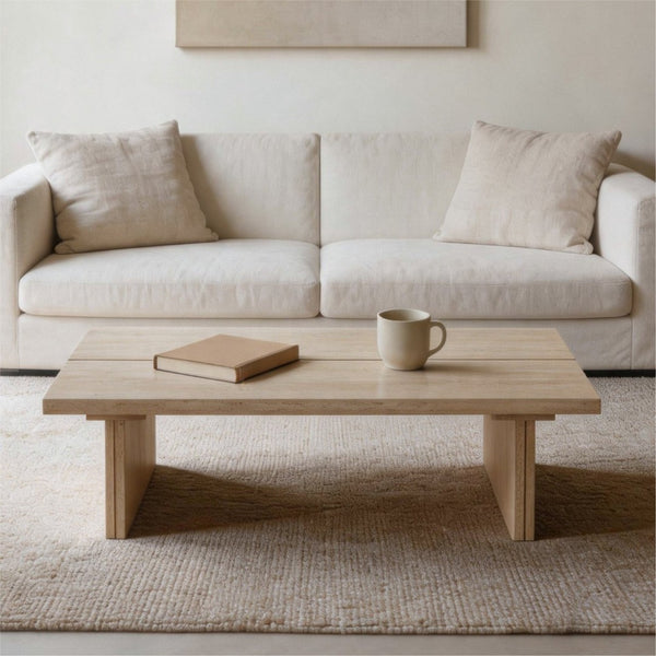 English Elm Modern Faux Travertine Split Slab Coffee Table Low Profile Japandi Living Room W3456P498928