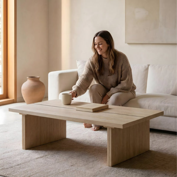 English Elm Modern Faux Travertine Split Slab Coffee Table Low Profile Japandi Living Room W3456P498928