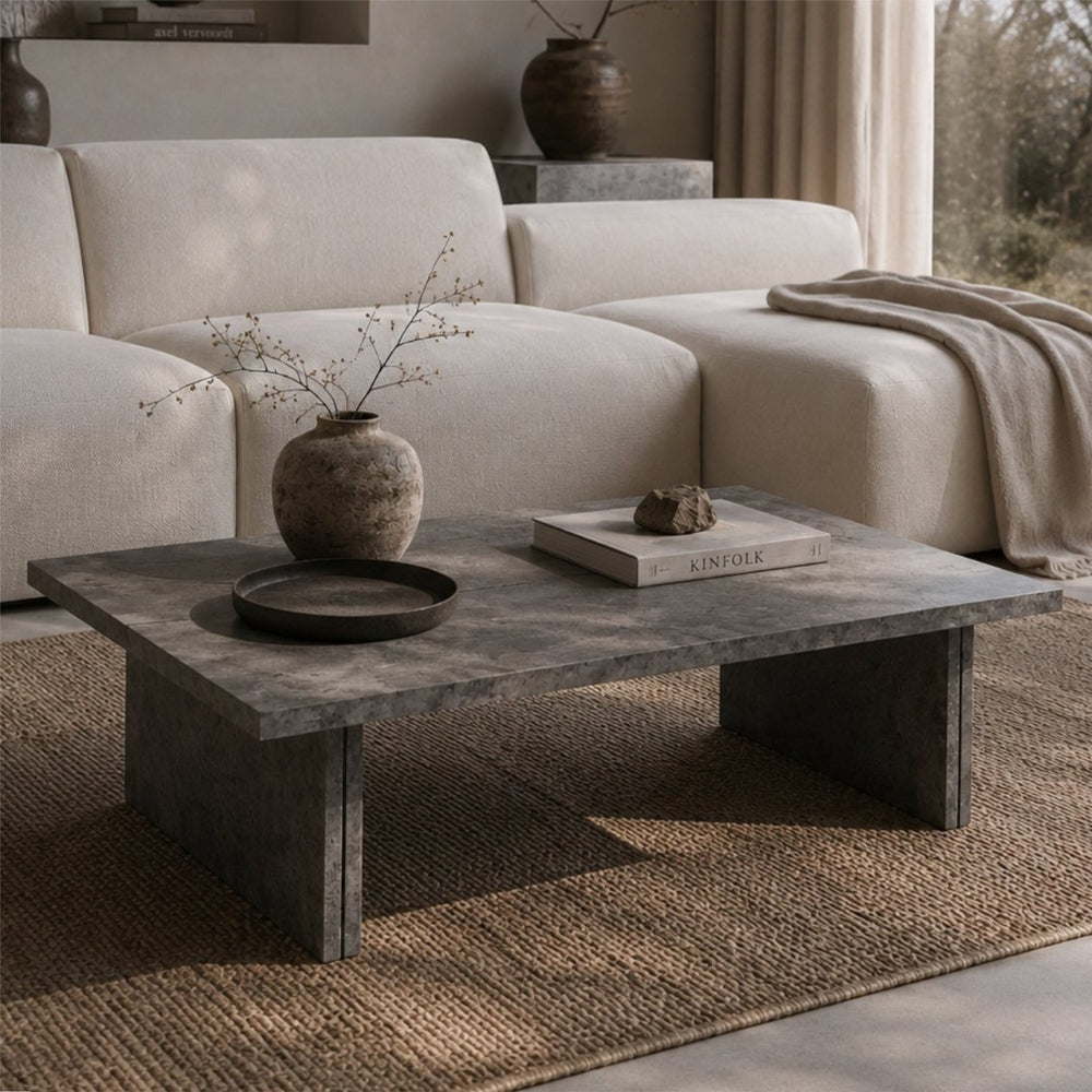 English Elm Modern Faux Micro Cement Rectangular Coffee Table Low Profile Slate Wabi Sabi Living Room W3456P498930
